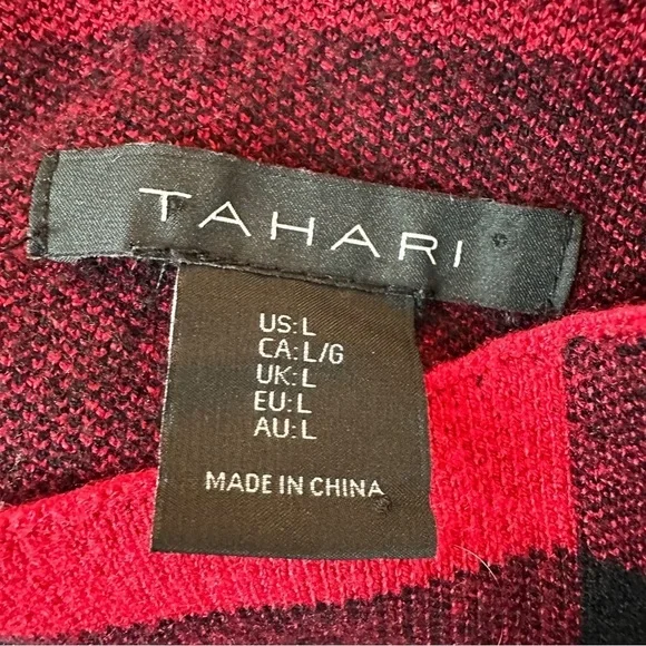 Tahari mock neck sweater Red Black Buffalo check Plaid Sweater cabin size large - Picture 6 of 6